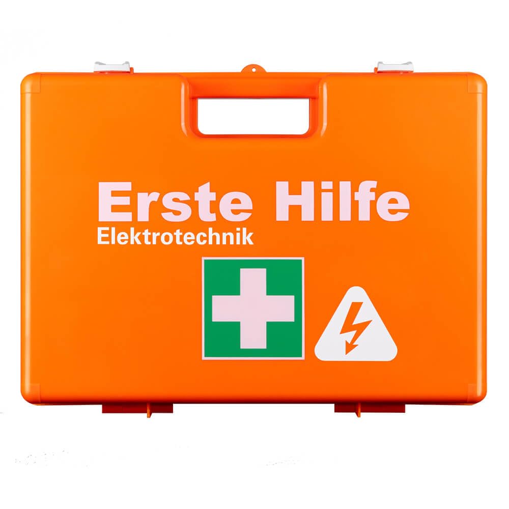 Erste-Hilfe-Koffer Elektrotechnik, orange, mit Wandhalterung, DIN 13157, Art.-Nr. 611196 | Verbandskasten | Notfallkoffer | Erste Hilfe Kasten
