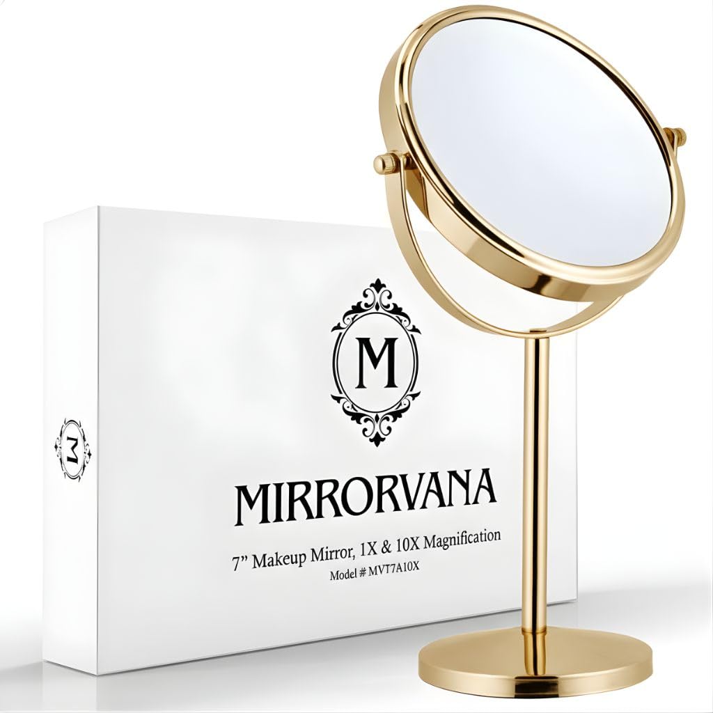 MIRRORVANA 10X Magnifying Makeup Mirror on Stand for Bedroom and Bathroom, Free Standing Desk & Table Mirror, Double Sided 10X/1X Magnification, 35cm Tall 18cm Wide (Gold)