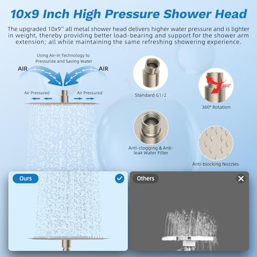 Image of Hibbent 10 inch Dual Filtered 10 inch Rainfall Shower Head with Handheld 10-Spray | High Pressure Metal Brushed Nickel Showerhead Combo with Filter, Extension Arm with 4-way Diverter, 71'' Hose & Holder