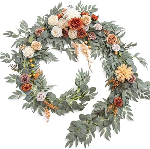 Ling's moment 9FT Eucalyptus and Willow Leaf Garland with White Flower, Handcrafted Wedding Sweetheart Table Centerpieces Head Table Decor Arch Backdrop Decorations for Wedding | Terracotta