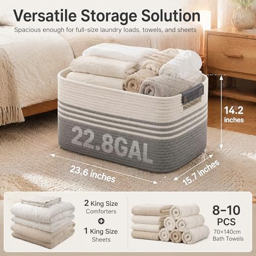 Image of Cotton Rope Laundry Basket Extra Large, 22.8GAL Collapsible Woven Storage Baskets for Living Room Kids Toys Stuffed Animal,Boho Rectangular Decorative Hamper for Dirty Clothes, Blankets White Grey