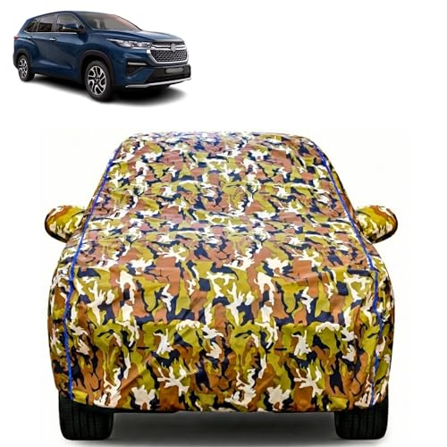 Image of Waterproof Car Body Cover for Maruti Suzuki Invicto with Mirror Pocket| Cotton Inner Lining | Triple Stitched | All Weather Protection | Dust, UV & Rain Proof (Camouflage with Blue Piping)