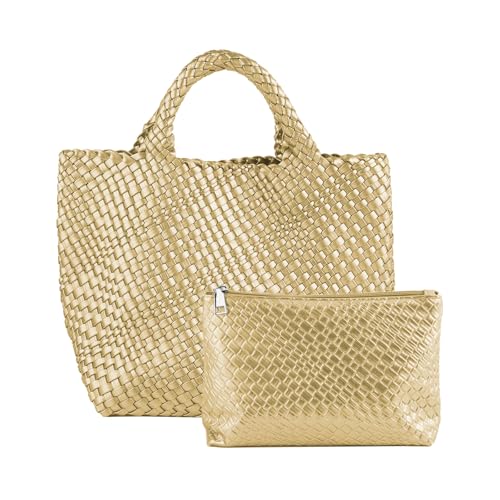 Image of Women's Vegan Leather Tote Bag - Handmade Woven Beach Bag, Travel Handbag with Purse & Top Handle Hobo Tote(Gold)