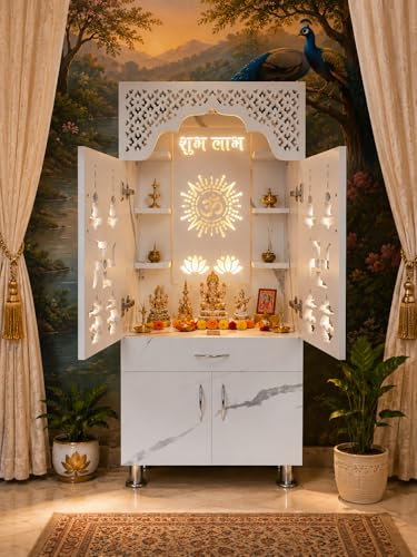 Image of Home Temple Pooja Mandir with LED Light, White Engineered Wood, Traditional Indian Style, 51x24x13 Inch, Om Symbol Design