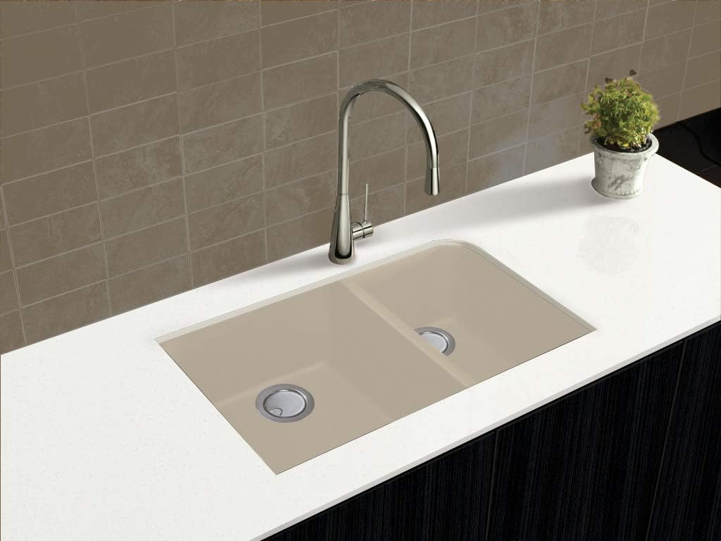 Transolid K-RUDJ3118-16 Radius Granite Undermount J-Shape 1-3/4 Double Bowls Kitchen Sink Kit, 31.75-in L x 19.25-in W x 9-in H, Cafe Latte