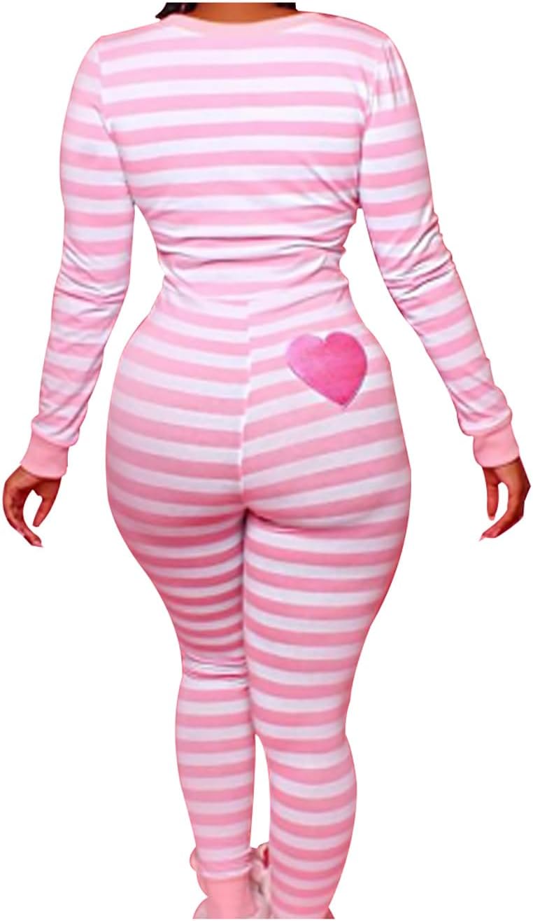 Women's Christmas Striped One Piece Pajamas Xmas Long Sleeve Bodycon Sleepwear Jumpsuit