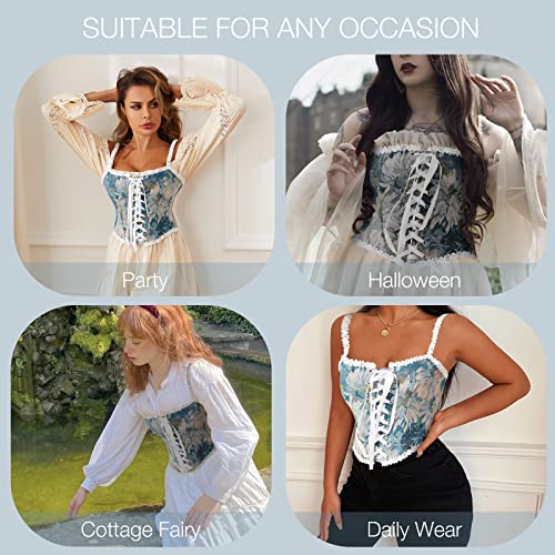 Charmian Women's Renaissance Vintage Retro Floral Embroidered Lace Up Camisole Crop Top Corset Bustier Top Blue Small #TOP5