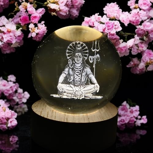 Image of ANTORCHE Shiva 3D Crystal Ball Warm LED Night Lamp with Wooden Base | Spiritual Home Decor Light | Ideal Gift for Office, Pooja Room, Bedroom & Festivals