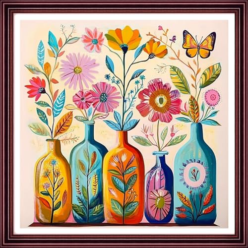 Image of Redxing Stamped Cross Stitch Kits Full Range of Embroidery Starter Kits- Needlepoint Counted Cross Stitch Kits for Beginner Adults 11CT Printed Embroidery Kit-Colorful Flower vase 18x18 inch