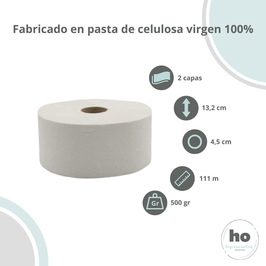 Papel Higiénico Industrial de Extracción Central, Rollo Mini 500Grs, Celulosa Virgen 100%, Color Blanco, 111 Metros, Compatible con Tork Smartone Mini T9 (12 Rollos)