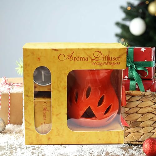 Image of Pure Source India Ceramic Aroma Oil Diffuser Gift Set with 10ML Relaxing Oil & Tealight Candles | 97 Burner for Home Fragrance & Relaxation | Ideal for Gifting & Home Decor (Orange)
