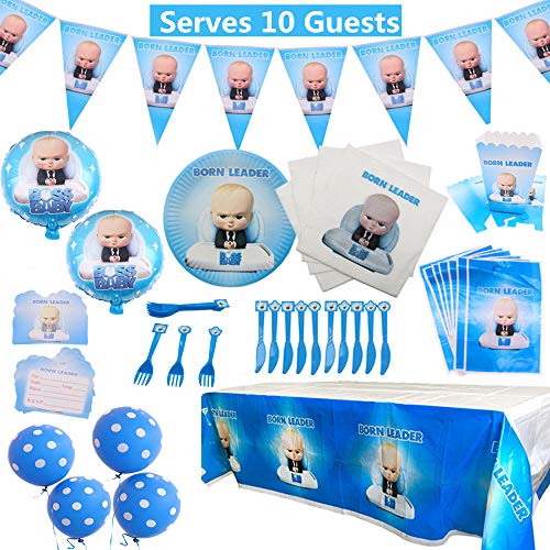 Baby Boss Party Supplies Set 92 Pack Kit de vajilla de fiesta de cumpleaños con decoraciones de globos Suministros de fiesta de celebración completa para 10 niños Niños