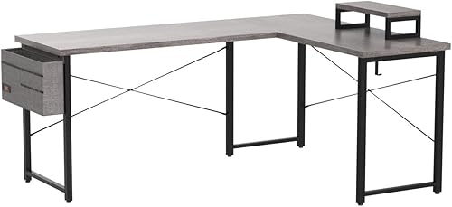 Miniatura 5 de ODK Escritorio moderno de 59 pulgadas en forma de L de roble gris, estación de trabajo para oficina en casa y juegos con estante para monitor y