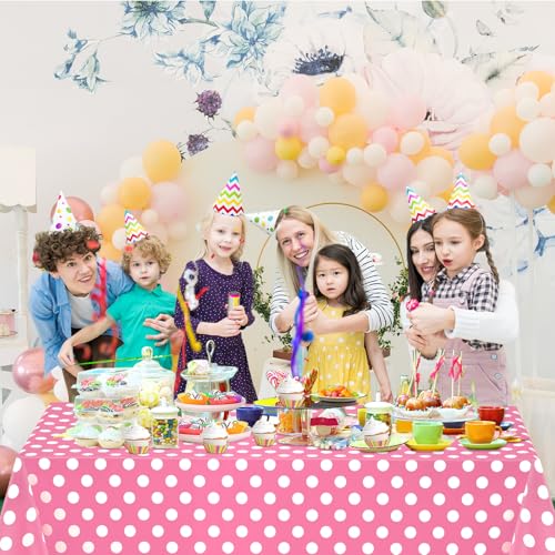 Image of WNINK 4 Pack Pink and White Polka Dot Tablecloths - Pink Disposable Plastic Waterproof Table Cover, 54 inch x 108 inch, for Birthday, Wedding, Bridal Shower, Bachelor, Pink Girl Party, and Picnic
