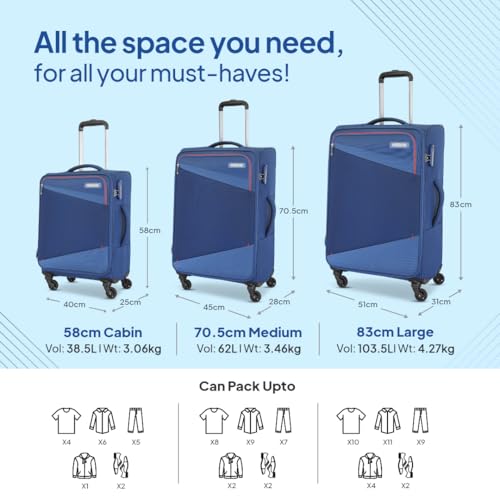Image of American Tourister Mystic | Cabin Trolley Bag (58 cm) | 360 4 Wheel Travel Luggage | 1 Compartments | Soft Luggage Polyester Expandable Suitcase | Mounted Combination Lock | 3 Years | Dutch Blue
