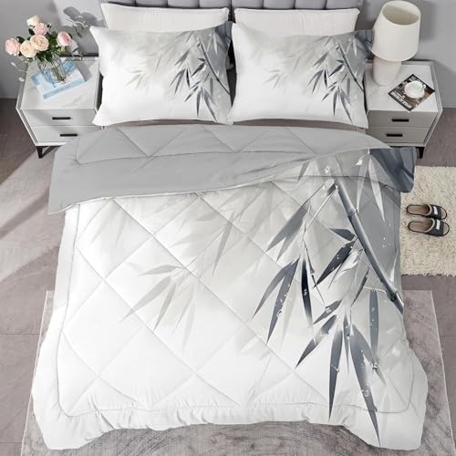 Generico Piumino Singolo Foglie Trapunte Foglie Di Bambù Piumone Imbottito Resistente Lavabile, Super Morbida Trapunta, piumini 135x200 cm in Microfibra Reversibile e 2 Federa 50x80 cm Q272