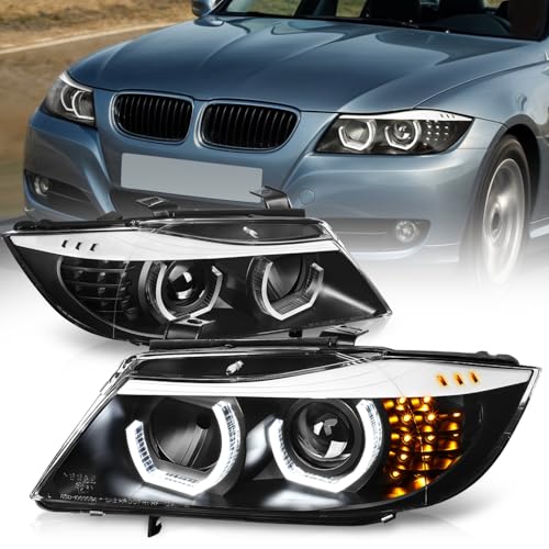 Auto Dynasty LED Halo Headlights Assembly Compatible with 2005-2008 BMW E90 325i 325xi 330i 4-Dr Sedan, Left and Right Side, 3D Dual Crystal U-Halo, Projector Low Beam, LED Turn Signal, Black Housing
