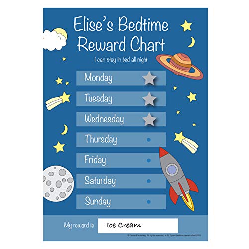 Customisable Boys or Girls In To Space Bedtime Reward Chart A4 durable re-usable reward chart with hook and loop fastening stars, for kids & toddlers at home or away.