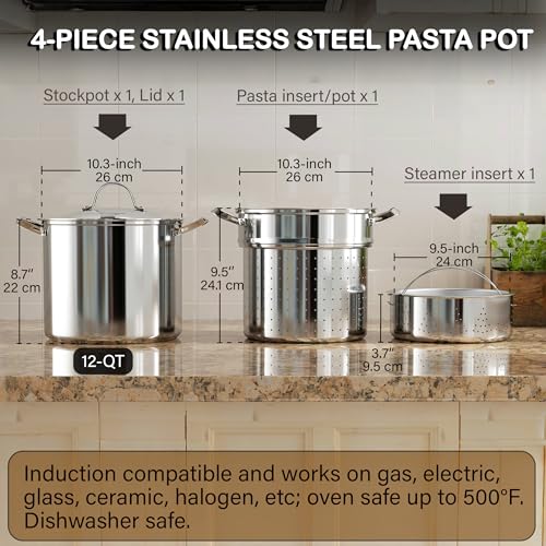 Cooks-Standard-Pasta-Pot-1810-Stainless-Steel-12-Quart-Spaghetti-Cooker-Steamer-Stock-Pot-Multipots-with-Strainer-Insert-Stainless-Steel-Lid-4-Piece-Set