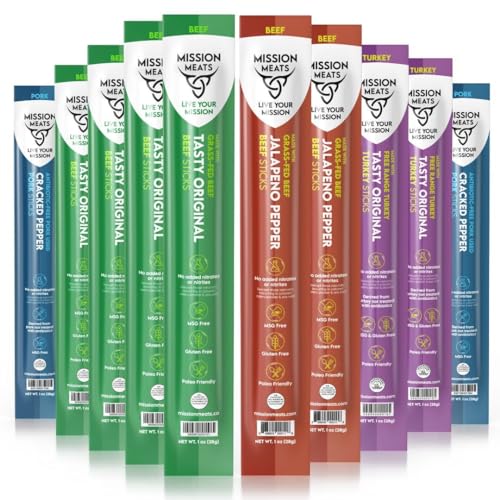 Mission Meats Meat Sticks – Variety Pack (Beef, Pork, Turkey) – Clean Ingredients, Nitrate Nitrite Free, Gluten Free, MSG Free, Paleo Meat Sticks, 1oz (Pack of 10)