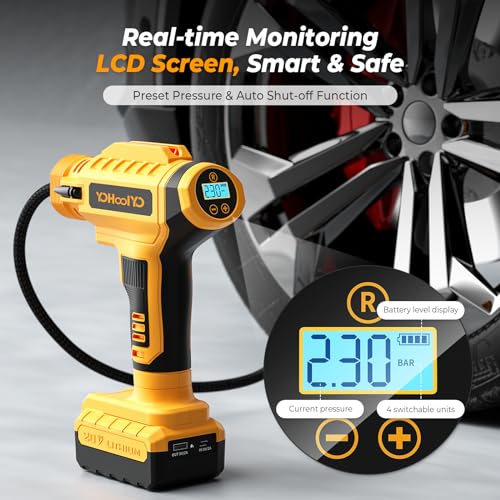 YOHOOLYO Smart Digital Tyre Inflator with Auto Shut-Off, 150PSI Rapid Inflation, Portable Air Compressor with Cordless Lithium & 12V DC Dual Power for Cars, Motorcycles, Bicycles, and Balls - Image 2