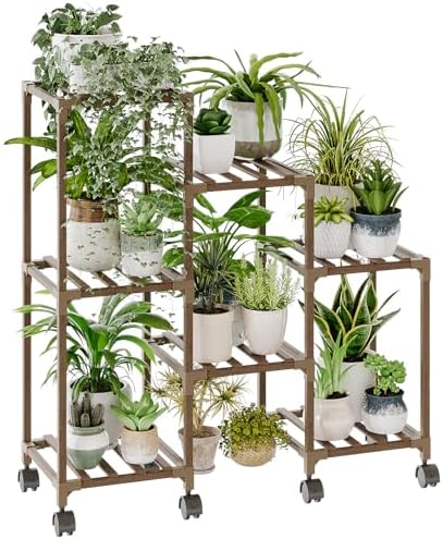 Bamworld Plant Stand with Wheels for Indoor Plants Wood Outdoor Tiered Shelf 3 Tire 7 Potted Ladder Plant Holder Table Pot Stand for Window Garden Balcony Patio Living Room (natureDL)
