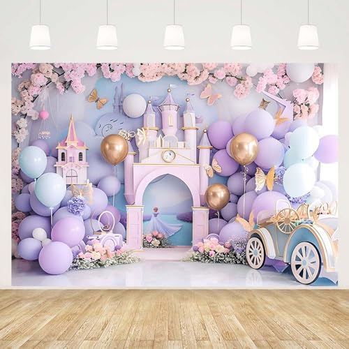 MEHOFOND Telón de fondo morado para fotografía de cumpleaños de niña de 7 x 5 pies, diseño de flores, castillo, mariposa, fondo de coche, baby shower, pastel, princesa, decoración de fiesta, pancarta