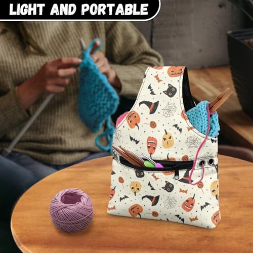 Image of KUIFORTI Halloween Crochet Bag Small Yarn Bags for Crocheting on The Go Crochet Hook Organizer Halloween Decor Knitting Bags Canvas Crochet Bags and Totes, Pumpkin Cat