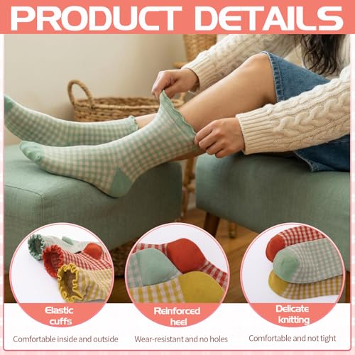 Image of 6 Pairs Women Ruffle Striped Frilly Socks, Cute Checkered Ankle Sock for Women Cotton Knit Casual Crew Socks