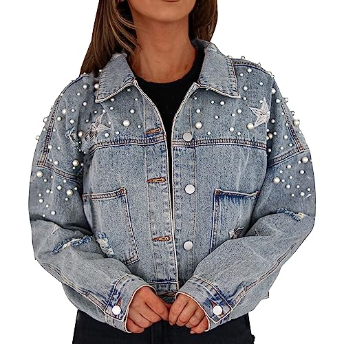 Veste longue en jean pour femme blanche avec perles et broderie etoile en taille L