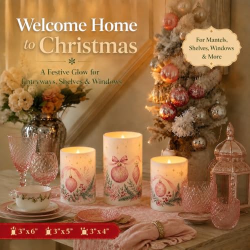 Image of Tujoe 3 Pcs Christmas Pink Ballet Flameless Candles LED Pillar Candle