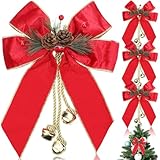 Yinkin Christmas Tree Wreath Bow Christmas Ribbon Bows with Bells 11 x 7.8 in Velvet Pine Cone Bowknot Xmas Tree Hanging Ornaments Decor for Home Xmas Party Outdoor Indoor(Red,4 Pcs)