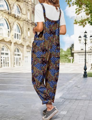 Image of YESNO Women's Overalls Cotton Boho Casual Floral Bib Jumpsuit Baggy Adjustable Strap Romper with Pockets PVV