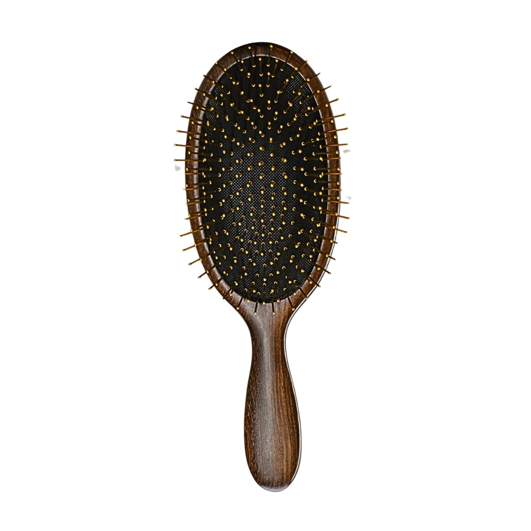 Cepillo de pelo de lujo, cerdas de acero chapado en oro, mango de madera de nogal, 9 x 3.5 pulgadas, masaje del cuero cabelludo, Gua Sha, desenredante