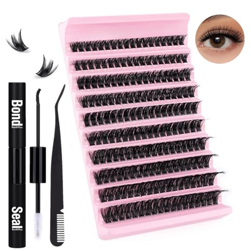 Luonaa Kit Pestañas Individuales D Curl, 200PCS Kit Pestañas Pelo Kit de Extensión de Pestañas DIY, Pestañas Cluster en Racimo 12-16mm Mix, Removedor de Pegamento de Pestañas, Aplicador