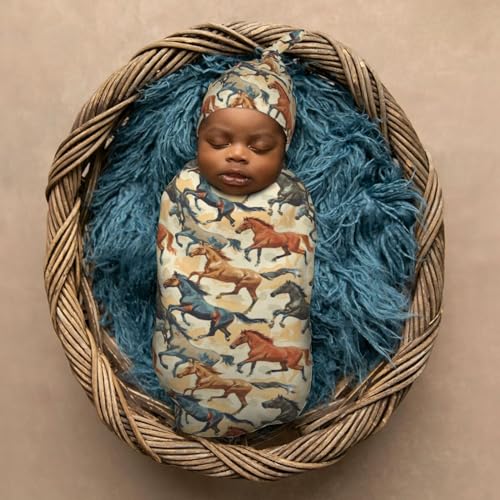 Image of Watercolor Running Horse Newborn Swaddle Blankets Hat Sets Soft Baby Receiving Blanket Swaddle Sack for Baby Shower Infant Boy Girl Gift