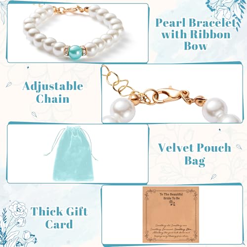 Y1tvei White + Blue Bride Bracelet - Something Blue Gift for Bride Bridal Shower Wedding Party Favors Pearl Bead Bracelet with Ribbon Bow Adjustable Chain Jewelry Accessory Proposal Gifts for Women3