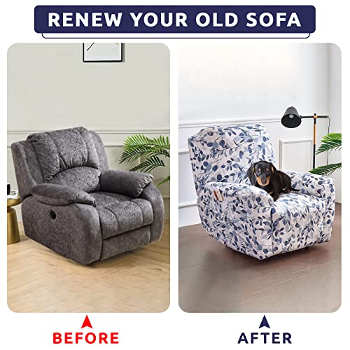 Iauddy Recliner Slipcover-Stretch Soft Slip Reclining Chair Slipcovers 4-Pieces Furniture Protector For Recliner With Pocket Fitted Sofa Couch Cover Lazy Boy Chair Cover(White/Blue Leaves) #TOP5