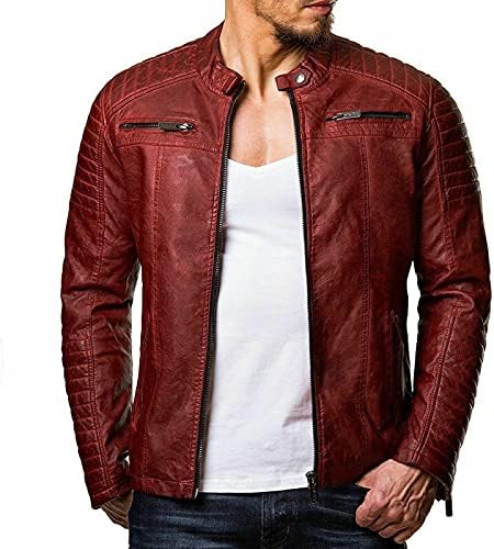 LbsKUX Men's Simple Faux Leather Jacket Zip-Up Stand Collar Button Motorcycle Lightweight Aviator Jackets Slim Warm Bomber Outwear Red
