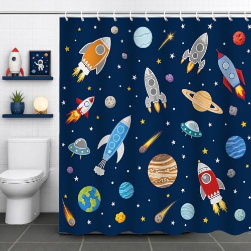 ZCHOMI Outer Space Shower Curtain for Kids Cartoon Rocket Planets Stars Blue Universe Galaxy Boys Bathroom Decor Waterproof Fabric Bath Curtain 72 x 72 Inch with 12 Hooks - 1