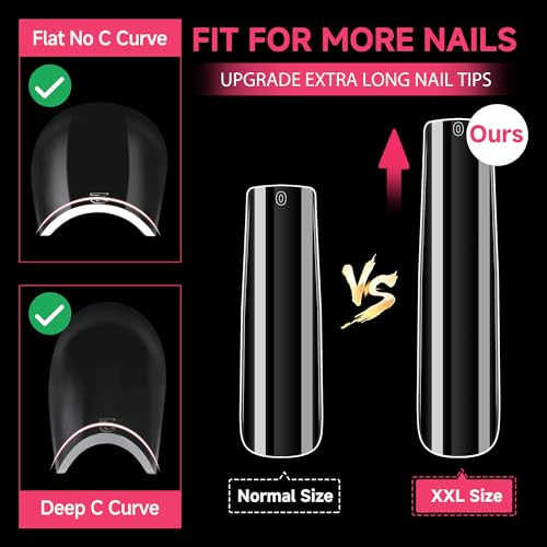 Image of UNA GELLA XXL Long Square Nails Tips 216 PCS No C Curve Straight Nail Tips Full Cover Square Gel Tips Extra Long Nail Tips Clear False Fake Nails Gel Nail Extension for Nail Salon Home DIY 12 Sizes