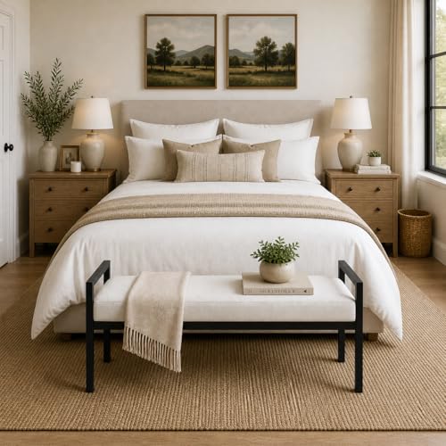 Image of HomePop Modern Metal Bench|Bench for Living Room & Bedroom | Decorative Home Furniture - Cream Boucle