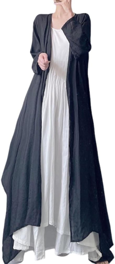 Cotton Linen Zen Black Long Cardigan Lazy Loose Irregular Flowy Long Sleeve Open Front Women's Lightweight Trench Coat, One Size