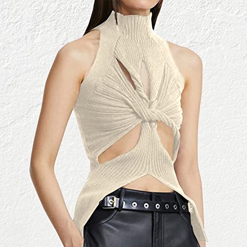 Image of Women Strapless Crop Top Sexy Hollow Out Twist Front Knitted Tank Tops Sleeveless Y2K High Neck Cut Out Sweater Vest
