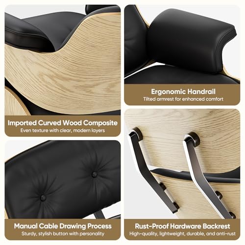 Image of Top Black Grain Leather, Mid Century Chaise Lounge Chair and Ottoman, Modern Chair Classic Design, Ash Wood, Heavy Duty Base Support for Living Room Office