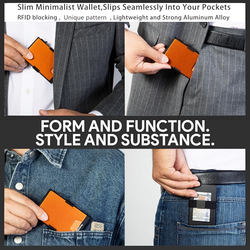 Image of Minimalist Mens Card Holder Wallet, RFID Blocking Slim Smart Pop Up Aluminum Wallet,Holds 12+ Cards,Expandable Compact Plate,Cash Strap /Money Clip (Orange)