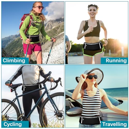 WuGU Laufgürtel, Lauftasche Jogging, Bauchtasche Wasserdicht, Running Belt Mit 3 Taschen, Verstellbare Lauftasche Mit Nacht Reflexband und Kopfhöreranschluss für Gehen, Verstellbarem Gummiband