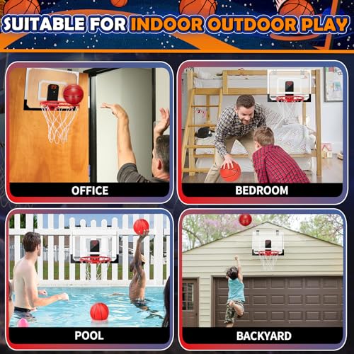 Pro Indoor Mini Basketball Hoop Set for Kids Adults, Wall Mount Automatic Scoring Basketball Hoop with 4 Rubber 6\" Balls, Over The Door Basketball Hoops with Electronic Scoreboard Large Dunk Rim