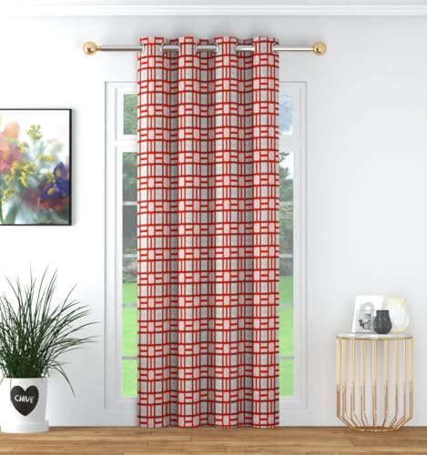 Image of Woah Geometric Pattern Grommet Curtains, 5 Feet for Living Room Bedroom|Geometric Pattern Faux Silk Room Darkening Door Curtains 4x7 feet (Red, 5 Feet Pack of 2)