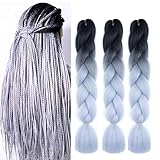 Braiding Hair Ombre Black to Silver Grey Braid Hair Extensions Hot Water Setting High Temperature Synthetic Fiber 24 Inches(B37-3Pack)